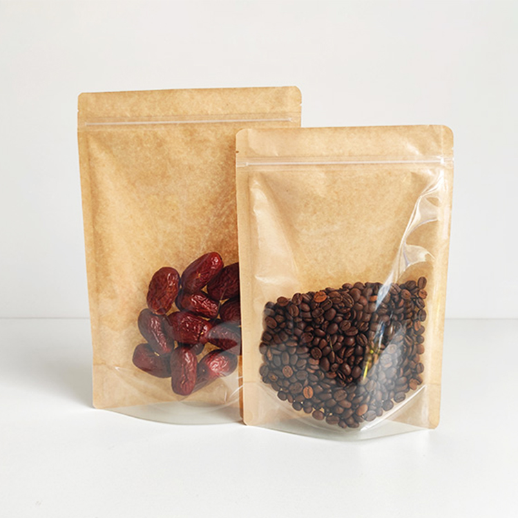 In Stock Low MOQ Printing Digital Printed Stand up Pouch Front Clear Ziplock Brown Kraft Paper Food Packaging