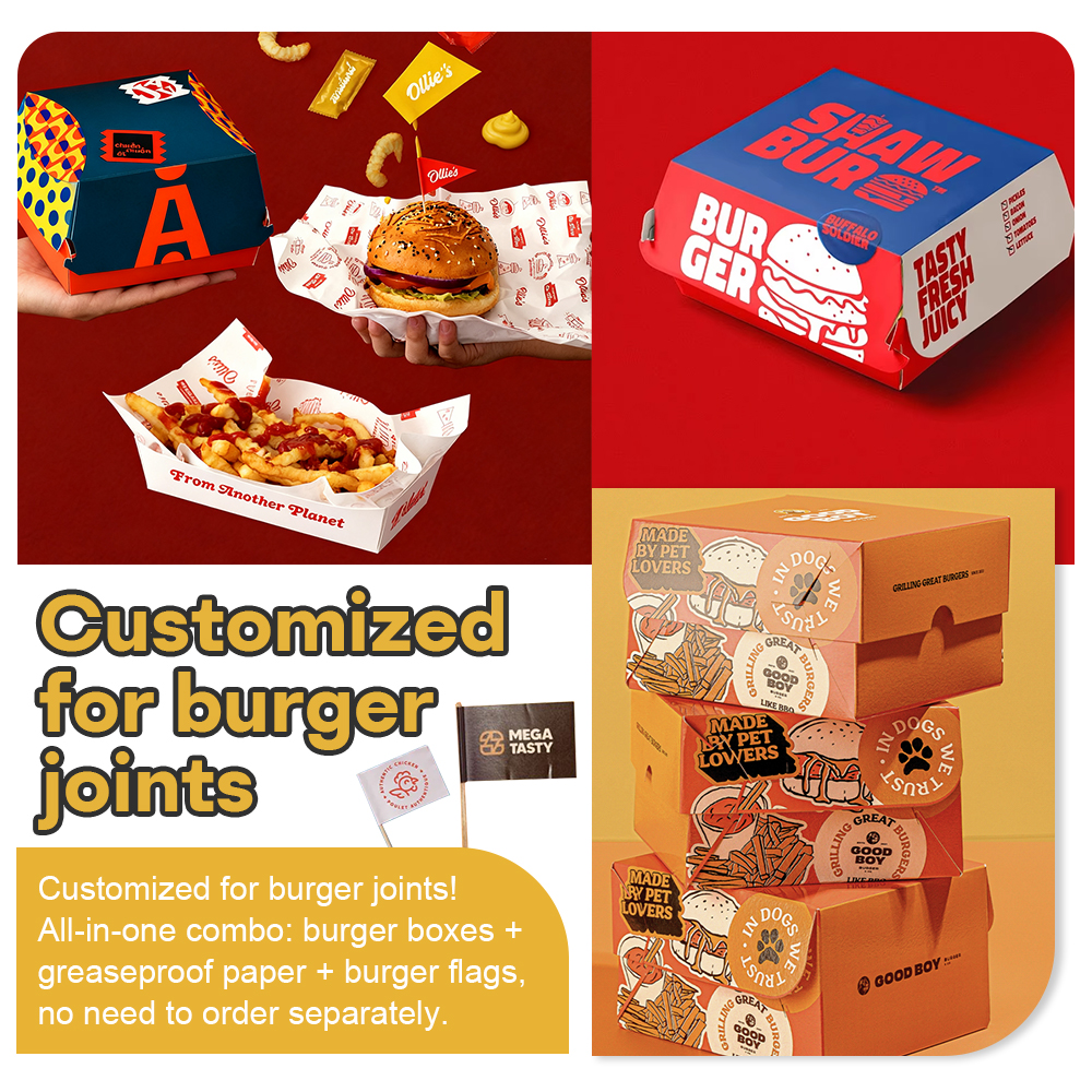 Takeaway Paper Tacos French Fries Custom Clamshell Fast Food Packaging Hamburger Kraft Burger Boxes