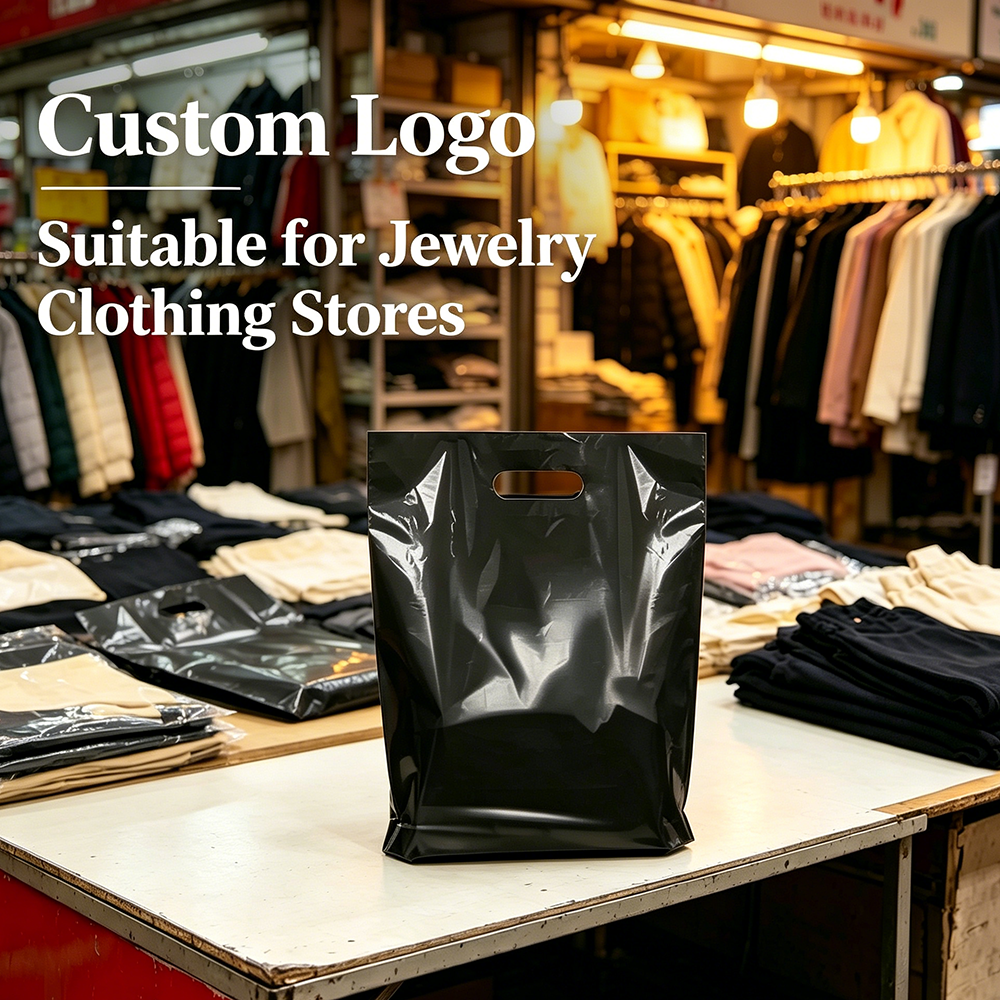 Wholesale Luxury PE Die Cut Handle Shopping Bag Custom Logo Polyethylene Packaging Bag for Jewelry Ring Necklace Clothing Stores