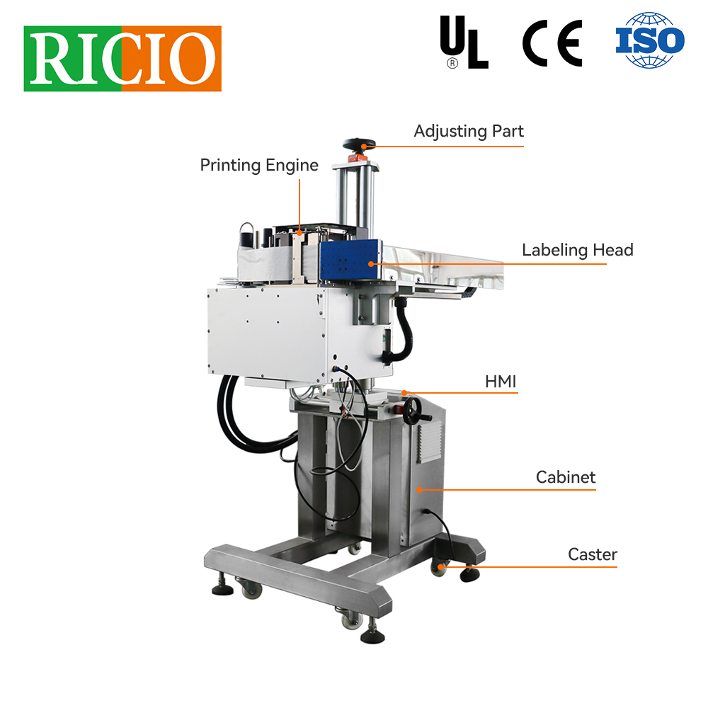 Automatic PLC Self Adhesive Instant Label Printer for Glass Metal Wood Cartons Case Barcode Address Shelf Life Marking Lot PO No