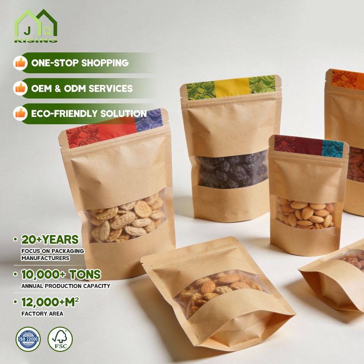 Customized Logo Accepted Resealable Ziplock Stand up Pouches Food Packaging Kraft Paper with Window Food Packaging Bags