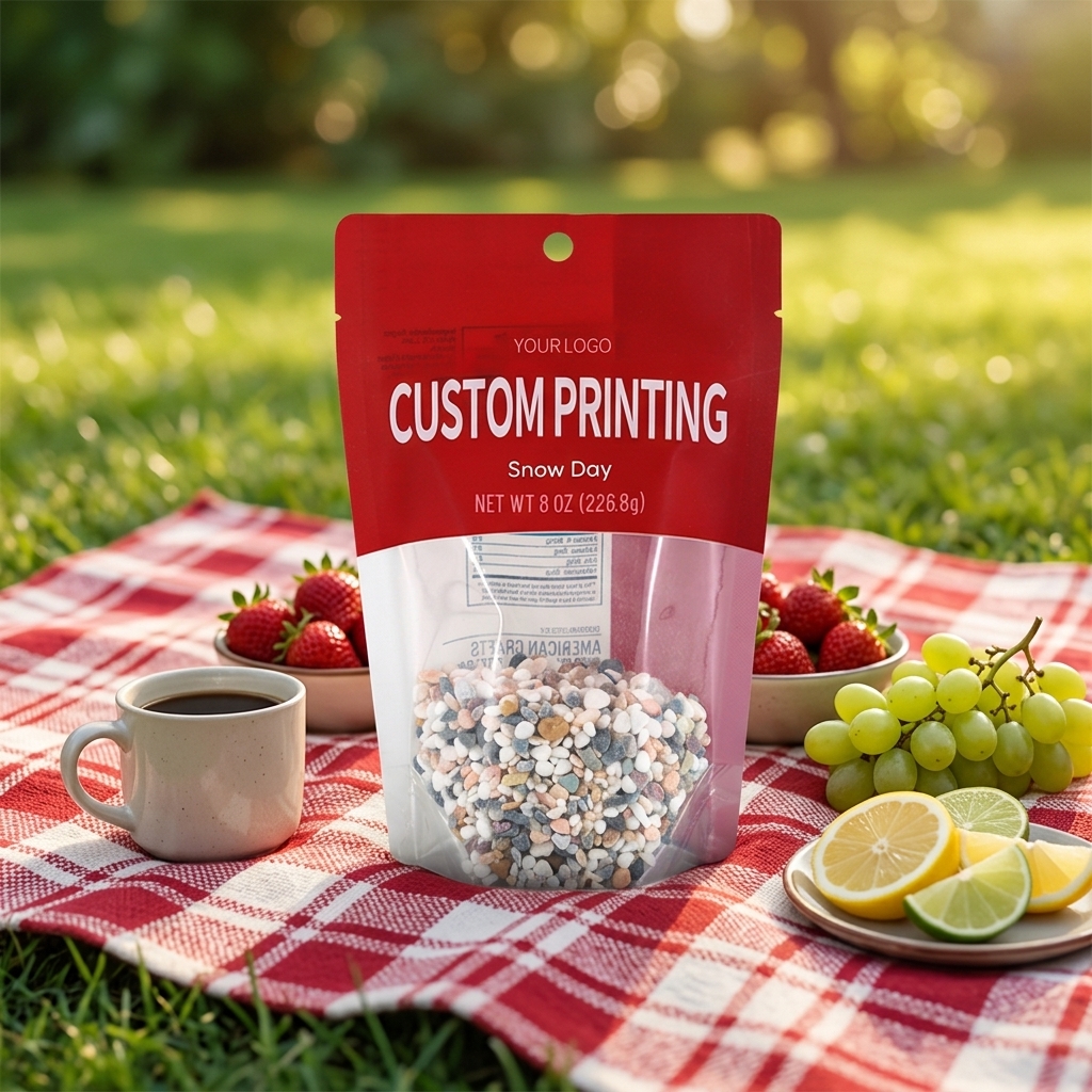 Custom Printed Food Grade Laminated Stand up Pouch with Clear Window and Zipper Moisture Proof Packaging for Snacks and Desserts