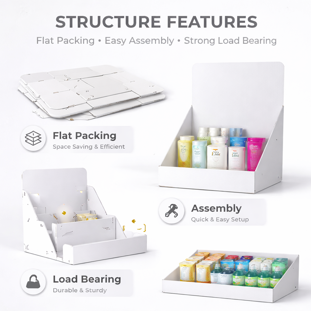 Custom Logo Printed Corrugated Desktop Retail Point of Sale PDQ Box Easy Assembly Recyclable Laminated Cardboard Counter Display