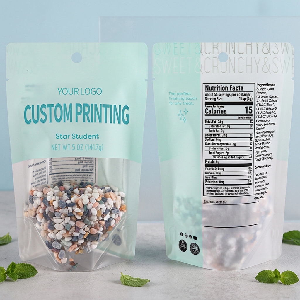 Custom Printed Food Grade Laminated Stand up Pouch with Clear Window and Zipper Moisture Proof Packaging for Snacks and Desserts