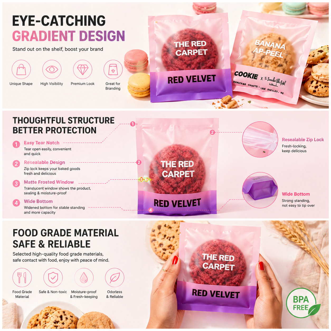 Customized Logo Printed Design Food Grade Baking Packaging Bread Bag Laminated Plastic Small Clear Heat Sealing Cookie Bags