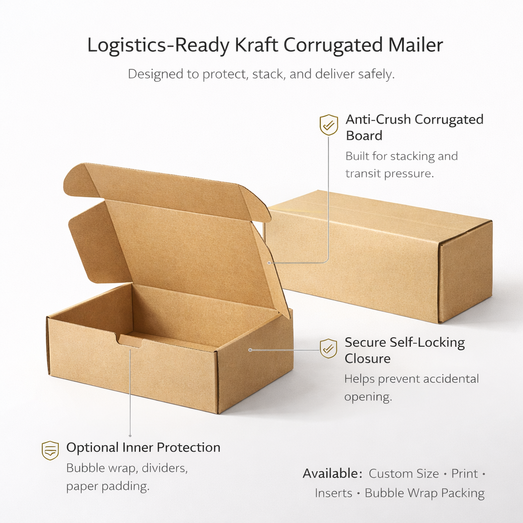 Factory-Direct Kraft Corrugated Mailer Box | Die-Cut Self-Locking Shipping Carton for E-Commerce &amp; Fulfillment