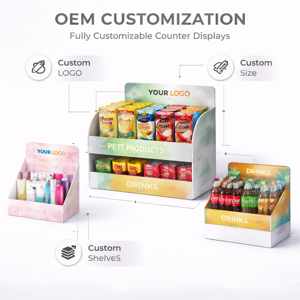 Custom Logo Printed Corrugated Desktop Retail Point of Sale PDQ Box Easy Assembly Recyclable Laminated Cardboard Counter Display