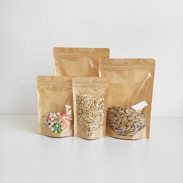 In Stock Low MOQ Printing Digital Printed Stand up Pouch Front Clear Ziplock Brown Kraft Paper Food Packaging