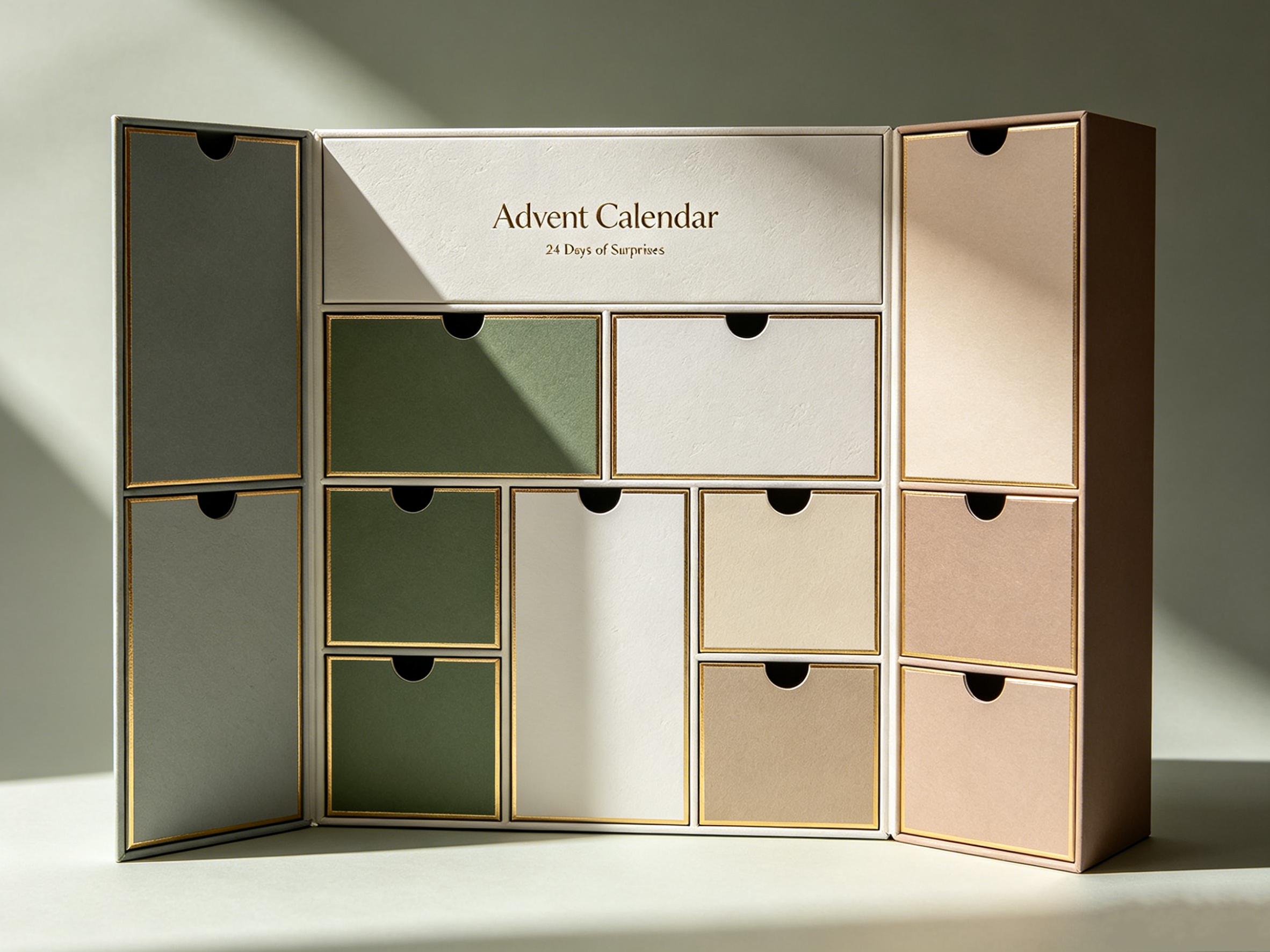 Customizable Sage Green &amp; Gold Foil Advent Calendar Box, Premium Fold-Out Christmas Calendar Packaging
