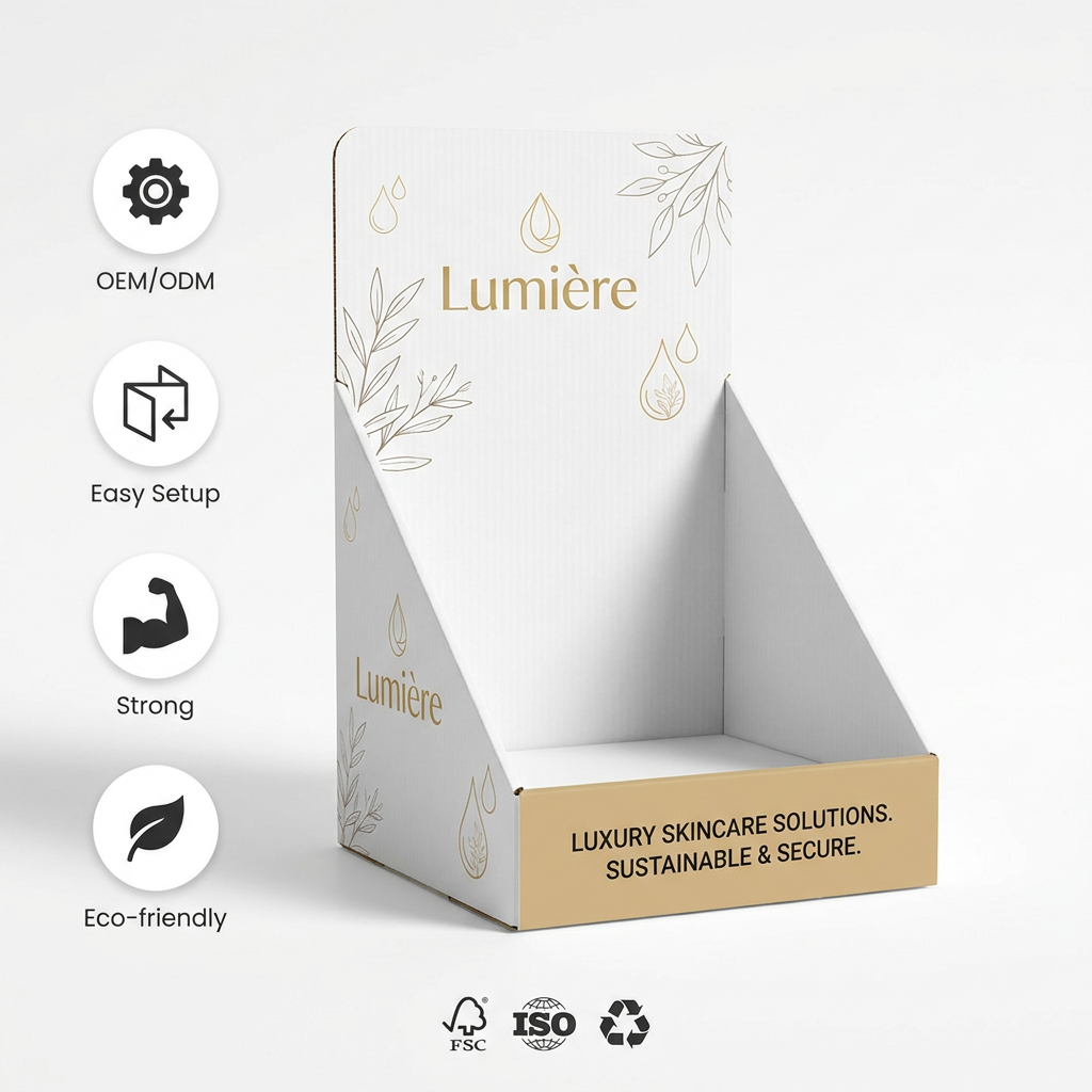 Custom Logo Printed Corrugated Desktop Retail Point of Sale PDQ Box Easy Assembly Recyclable Laminated Cardboard Counter Display