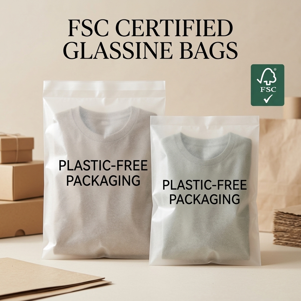 Custom Logo Printed Glassine Paper Bags Eco Friendly Apparel Packaging Carbon Neutral Translucent Clothing Pouches FSC Certified