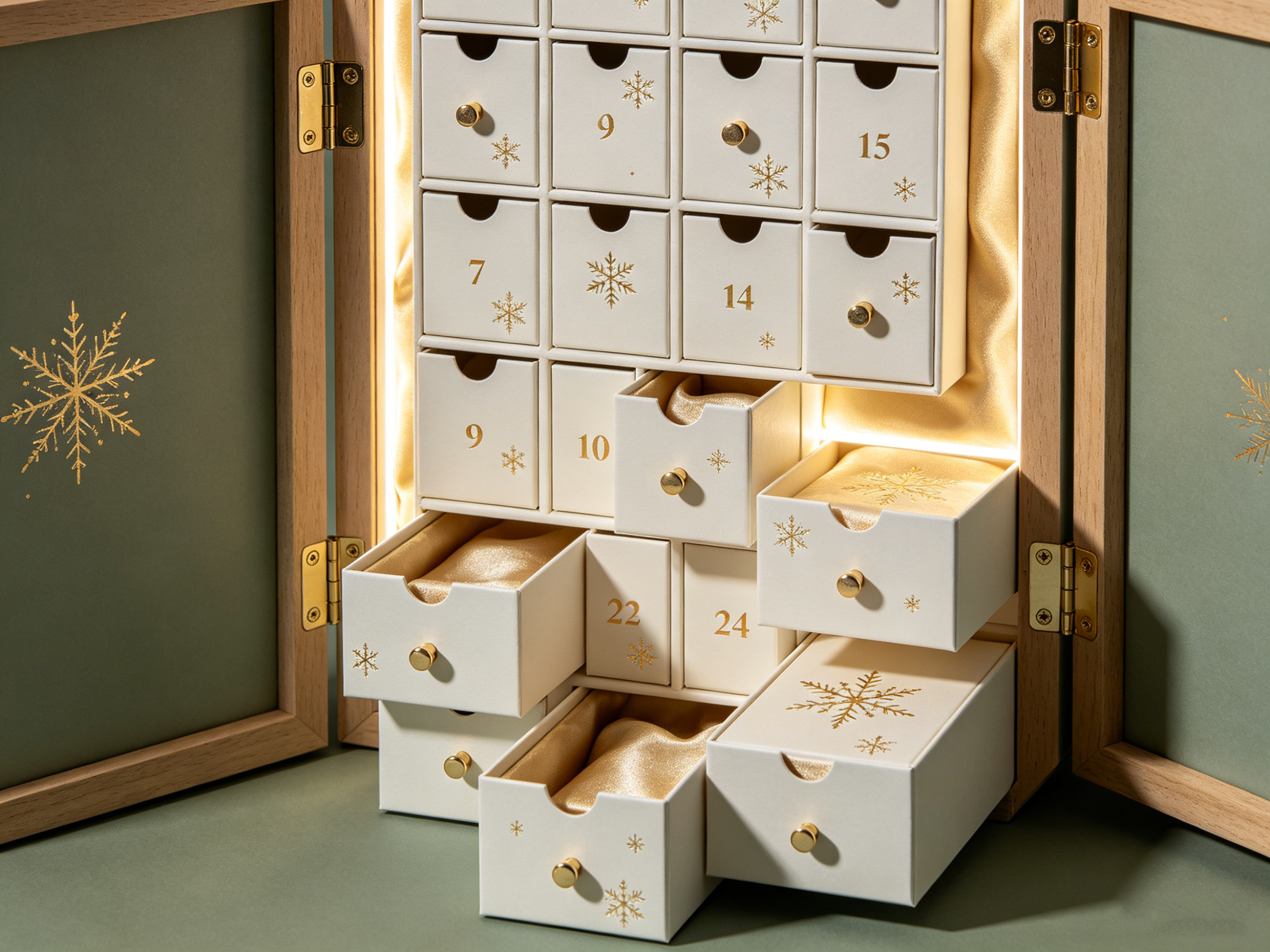 Customizable Sage Green &amp; Gold Foil Advent Calendar Box, Premium Fold-Out Christmas Calendar Packaging
