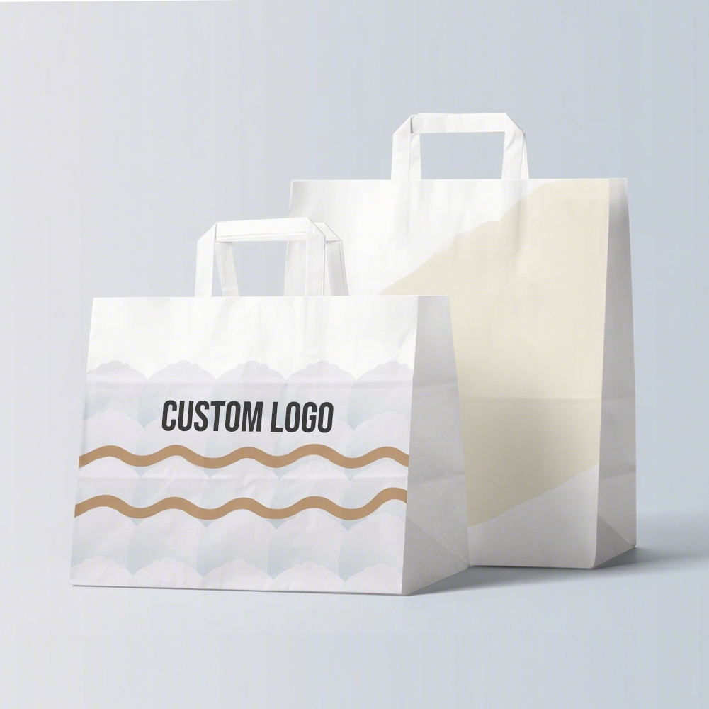 Custom Logo Printed Restaurant Delivery Fast Food Takeaway Packaging Carry Bag Brown Kraft Paper Shopping Bag With Flat Handle