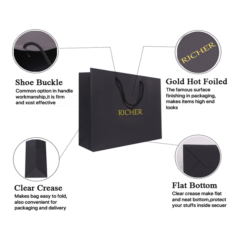 Retail Custom Logo Packaging Black Boutique Gift Paper Bags for Shopping