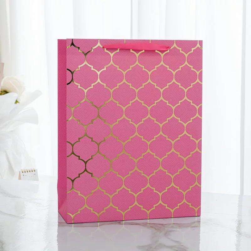 Luxury Custom Printing Unique Design White Cardboard Paper Bag with Ribbon Handles Gold Foil Gift Shopping Bags