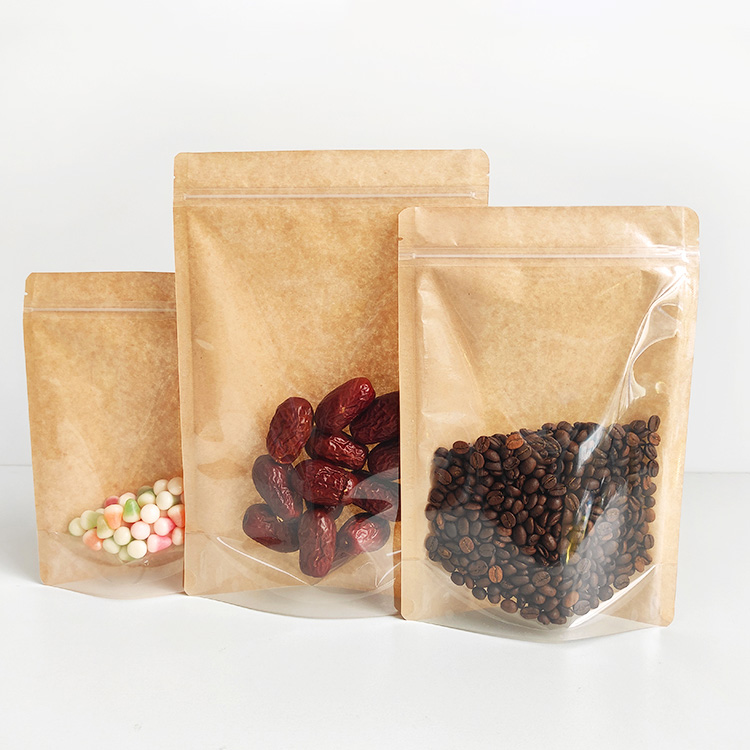 In Stock Low MOQ Printing Digital Printed Stand up Pouch Front Clear Ziplock Brown Kraft Paper Food Packaging