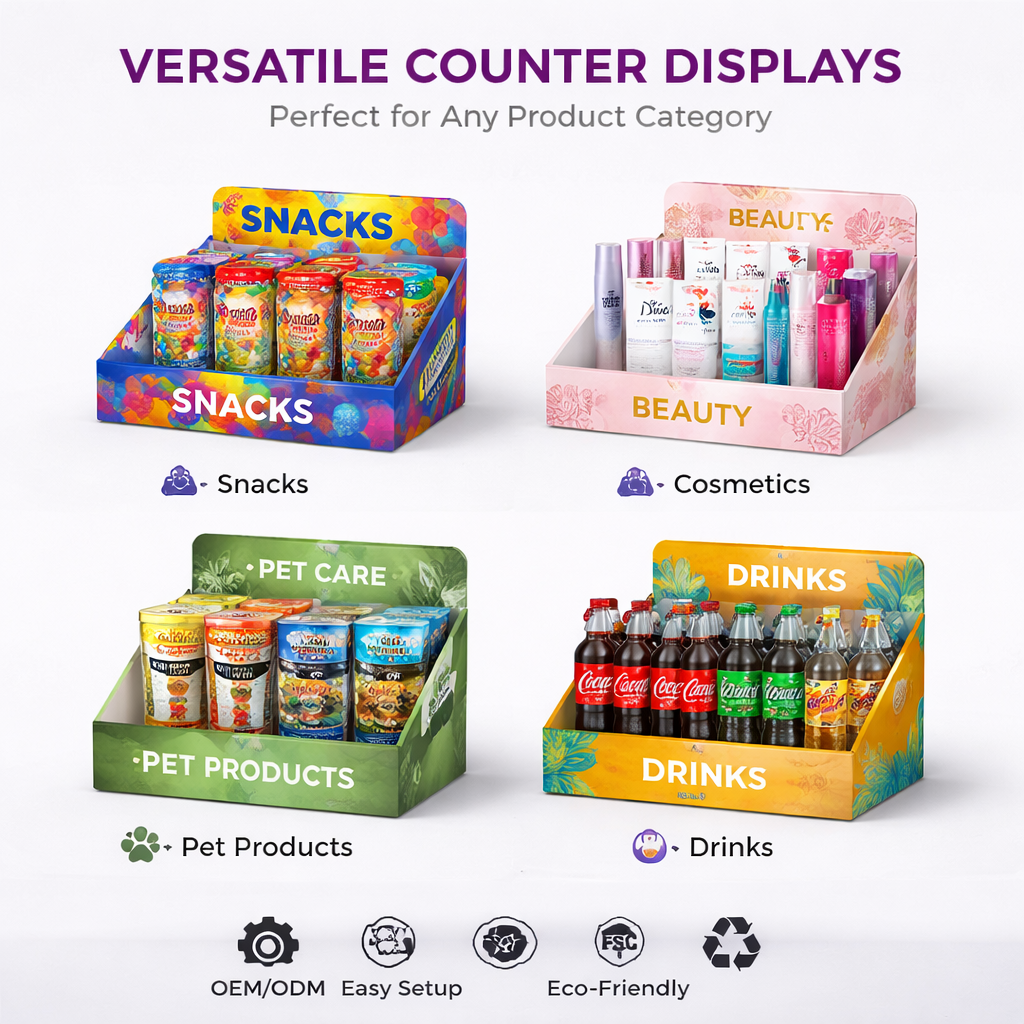 Custom Logo Printed Corrugated Desktop Retail Point of Sale PDQ Box Easy Assembly Recyclable Laminated Cardboard Counter Display