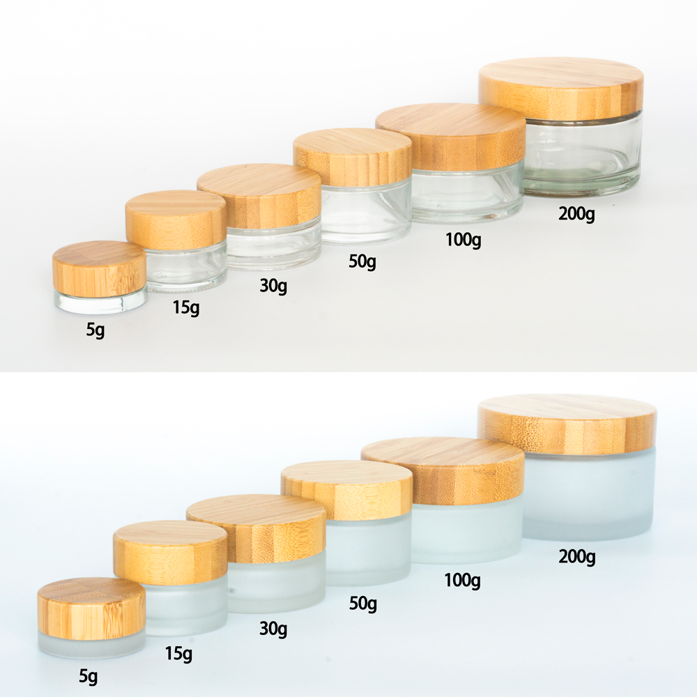 5g 15g 30g 50g 100g 200g Cosmetic Bamboo Lid Glass Jar, 50g Face Cream Frost Glass Jar With Bamboo Lid