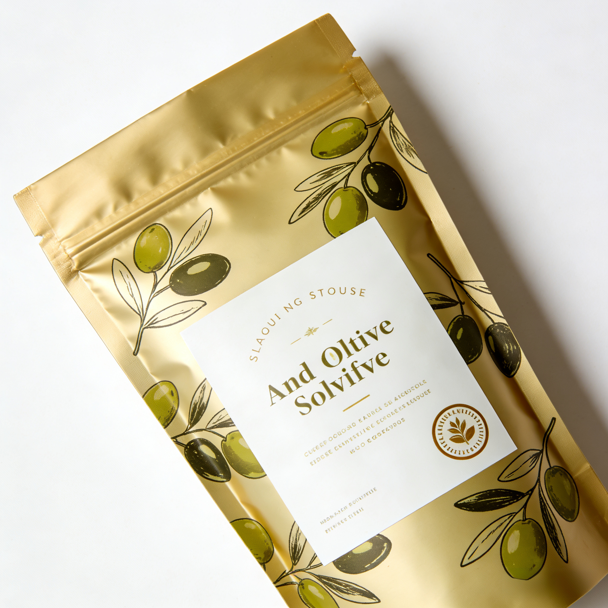 Resealable Stand up Pouch Olive-Print Noodle Food-Grade BPA-Free Shock Resistance ISO9001 Certified Custom Branding MOQ 100pcs