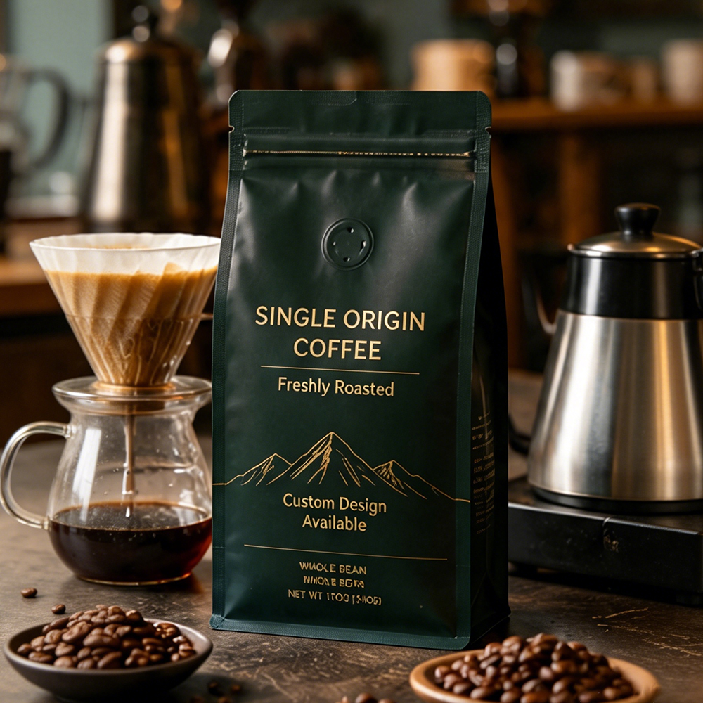 Custom Printed Coffee Packaging Bag Matte Flat Bottom Pouch With Valve and Zipper Luxury Minimalist Coffee Bean Bag