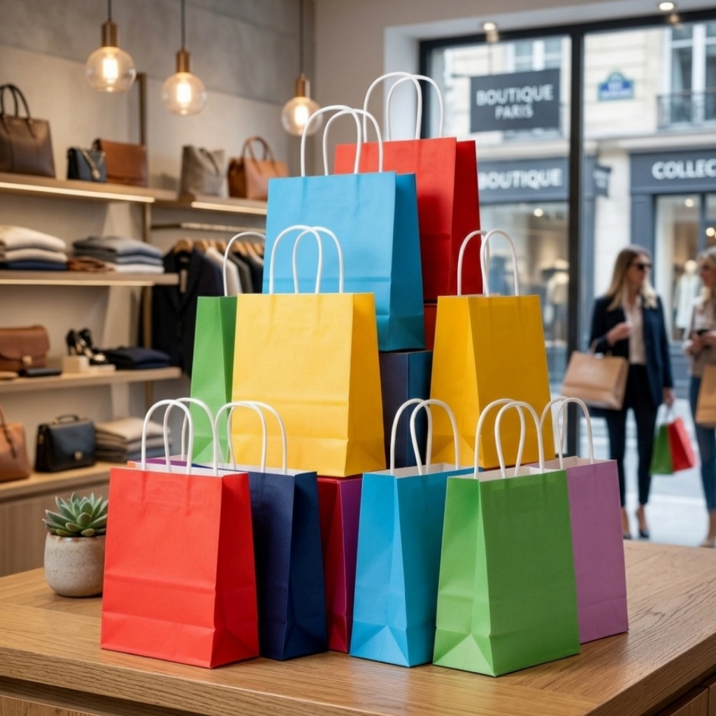 Compostable Kraft Paper Colorful Bag With Handle Disposable Food Packaging for Takeaway Shopping Custom Logo Wholesale Supplier