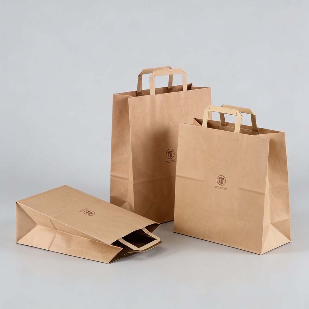 Custom Logo Printed Restaurant Delivery Fast Food Takeaway Packaging Carry Bag Brown Kraft Paper Shopping Bag With Flat Handle