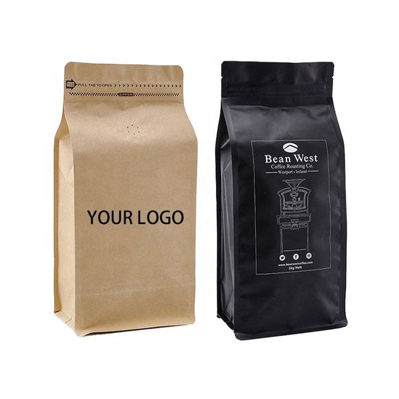 Customized Bag 12 Oz Kraft Paper Square Bottom Coffee Bag Valve Tin Tie Coffee Paper Bags With Your Own Logo
