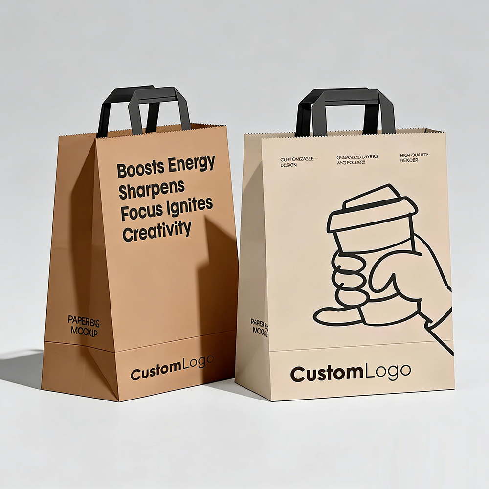 Custom Logo Printed Restaurant Delivery Fast Food Takeaway Packaging Carry Bag Brown Kraft Paper Shopping Bag With Flat Handle
