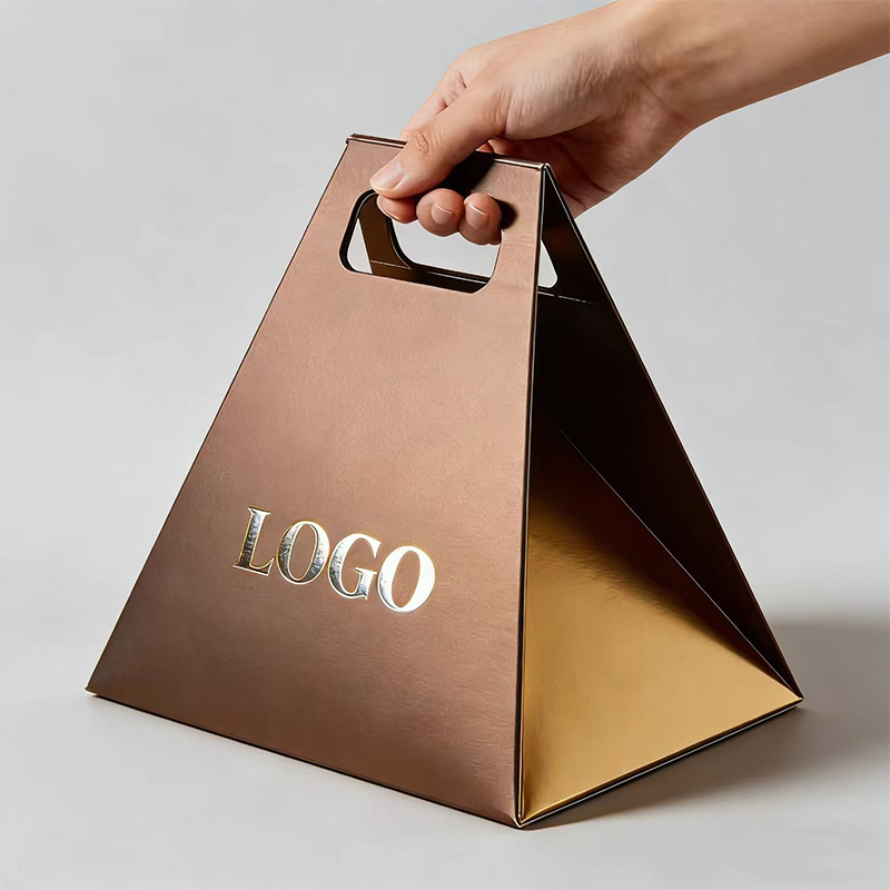 Custom Logo Pyramid Gift Box, Luxury Rose Gold Handle Box, Folding Paper Packaging For Wedding, Party &amp; Gift Wrapping