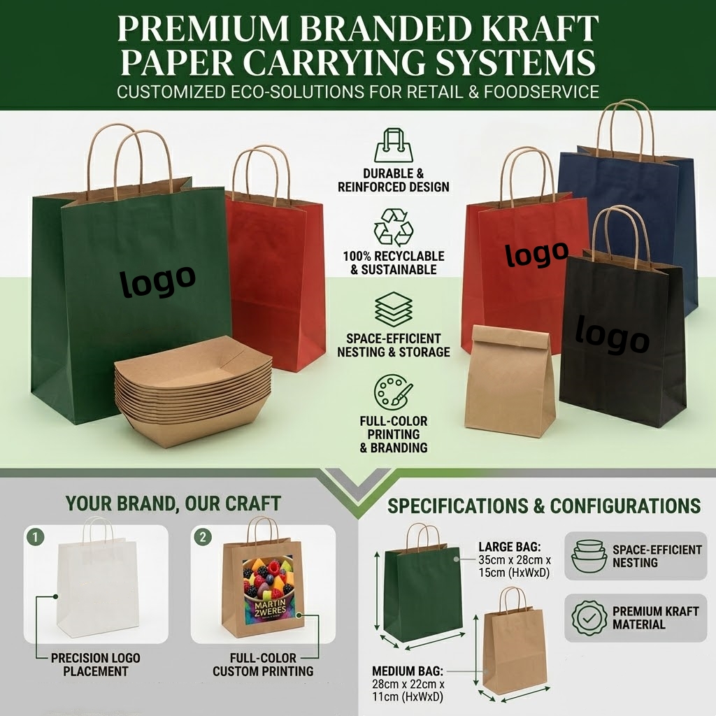 Compostable Kraft Paper Colorful Bag With Handle Disposable Food Packaging for Takeaway Shopping Custom Logo Wholesale Supplier