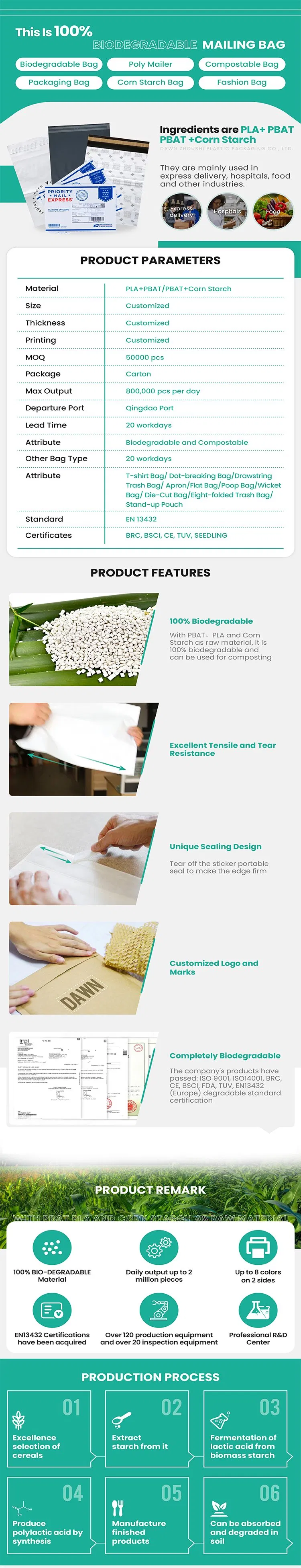 Custom Printed Sustainable Biodegradable Colored Plastic Mailing Shipping Envelopes Packaging for Clothes