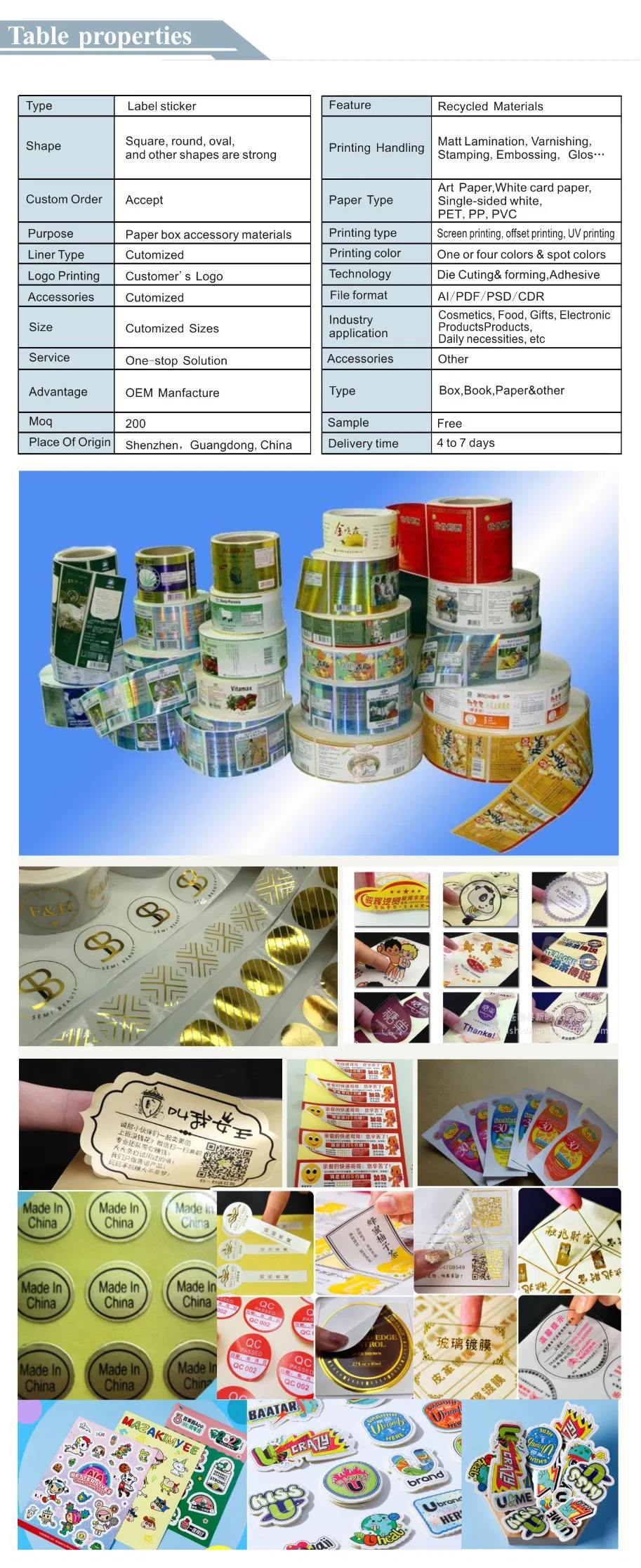 Self Adhesive Coated Paper Labels Stickers Waterproof OEM Packaging Stickers Custom Logo Printing Offset Printing / UV Printing