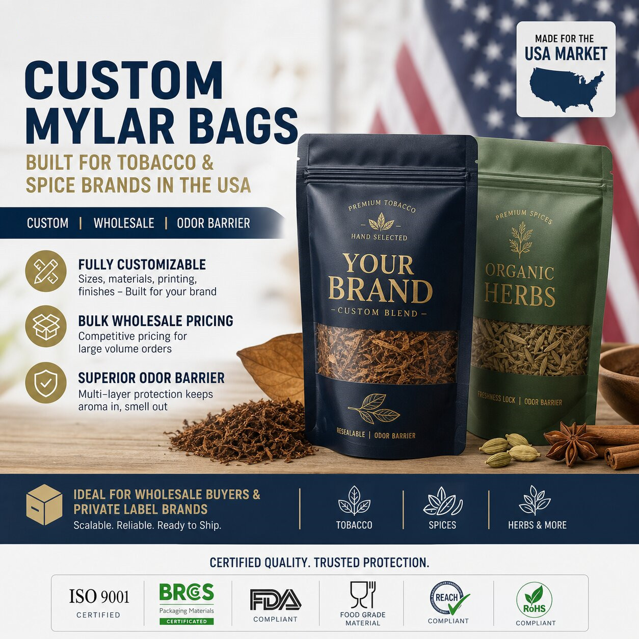 Custom Printed Smell Proof Mylar Bags Wholesale Heat Sealable Aluminum Foil Food Storage Stand up Pouch Ziplock