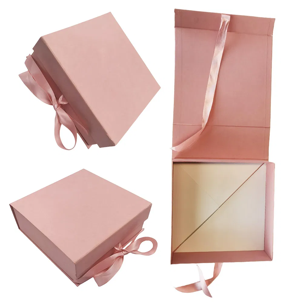 Wholesale Luxury Premium Pink Ribbon Folding Carton Jewelry Cosmetic Gift Packaging Box