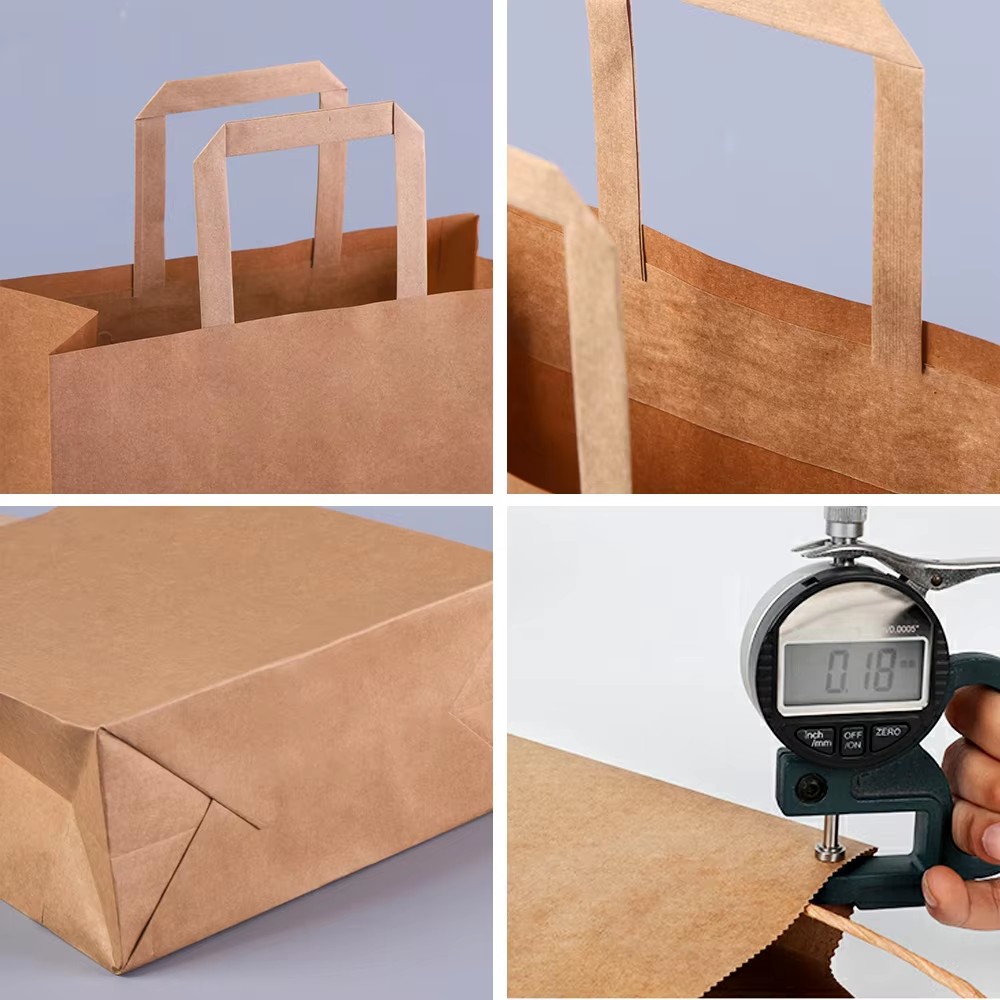Custom Logo Printed Restaurant Delivery Fast Food Takeaway Packaging Carry Bag Brown Kraft Paper Shopping Bag With Flat Handle