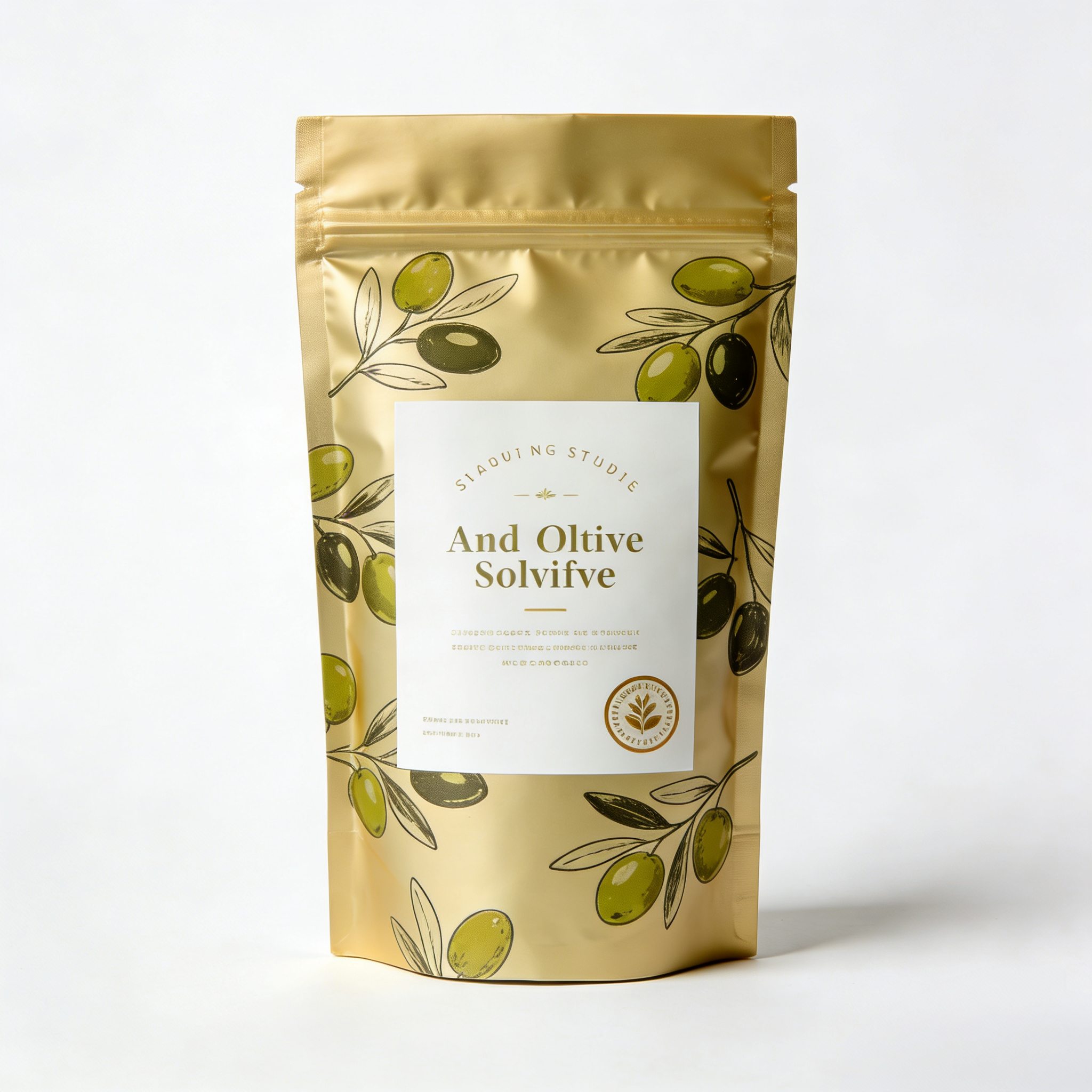 Resealable Stand up Pouch Olive-Print Noodle Food-Grade BPA-Free Shock Resistance ISO9001 Certified Custom Branding MOQ 100pcs