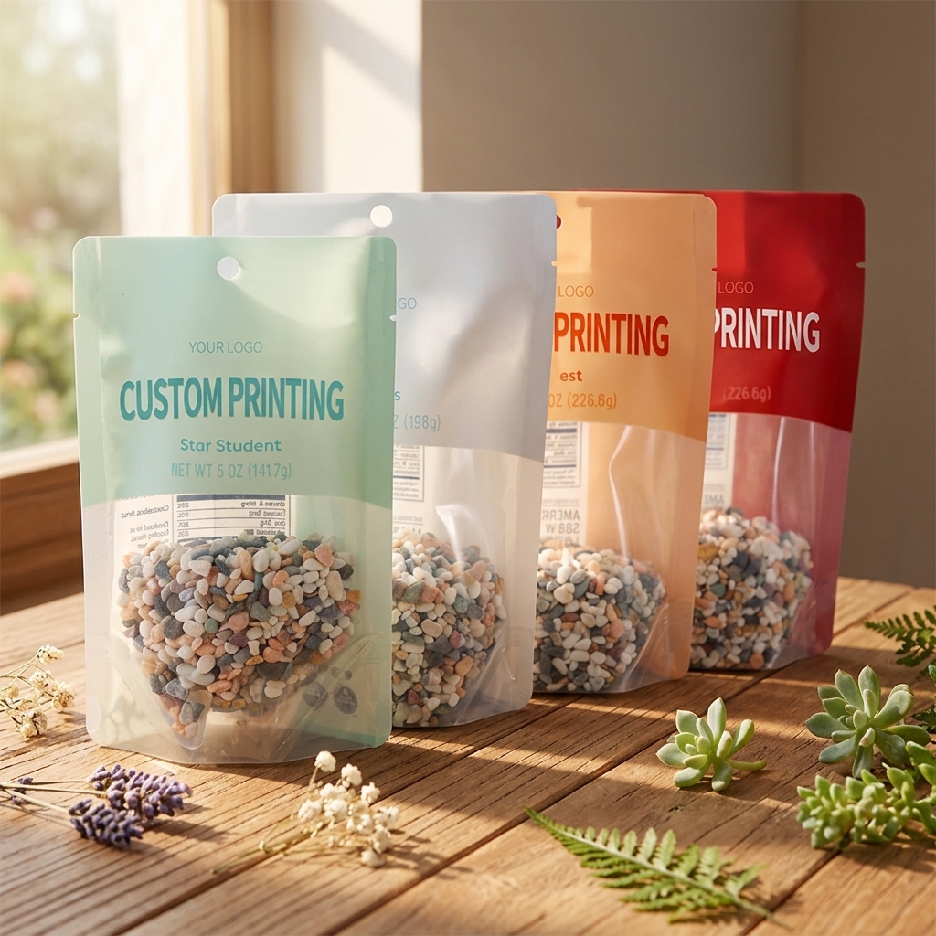 Custom Printed Food Grade Laminated Stand up Pouch with Clear Window and Zipper Moisture Proof Packaging for Snacks and Desserts