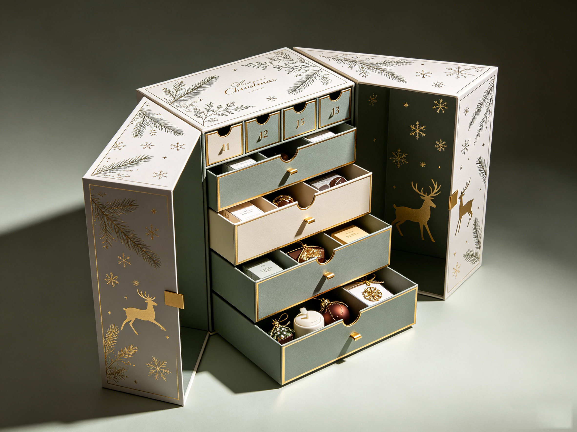 Customizable Sage Green &amp; Gold Foil Advent Calendar Box, Premium Fold-Out Christmas Calendar Packaging