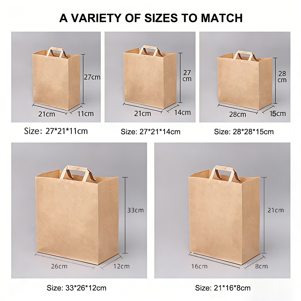 Custom Logo Printed Restaurant Delivery Fast Food Takeaway Packaging Carry Bag Brown Kraft Paper Shopping Bag With Flat Handle