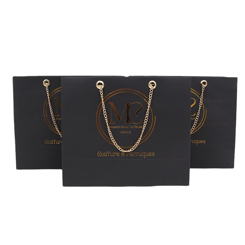 Custom Black Paper Bag with Hot Stamping Embossing for Luxury Branding and Marketing Event Packaging with Foil Logo