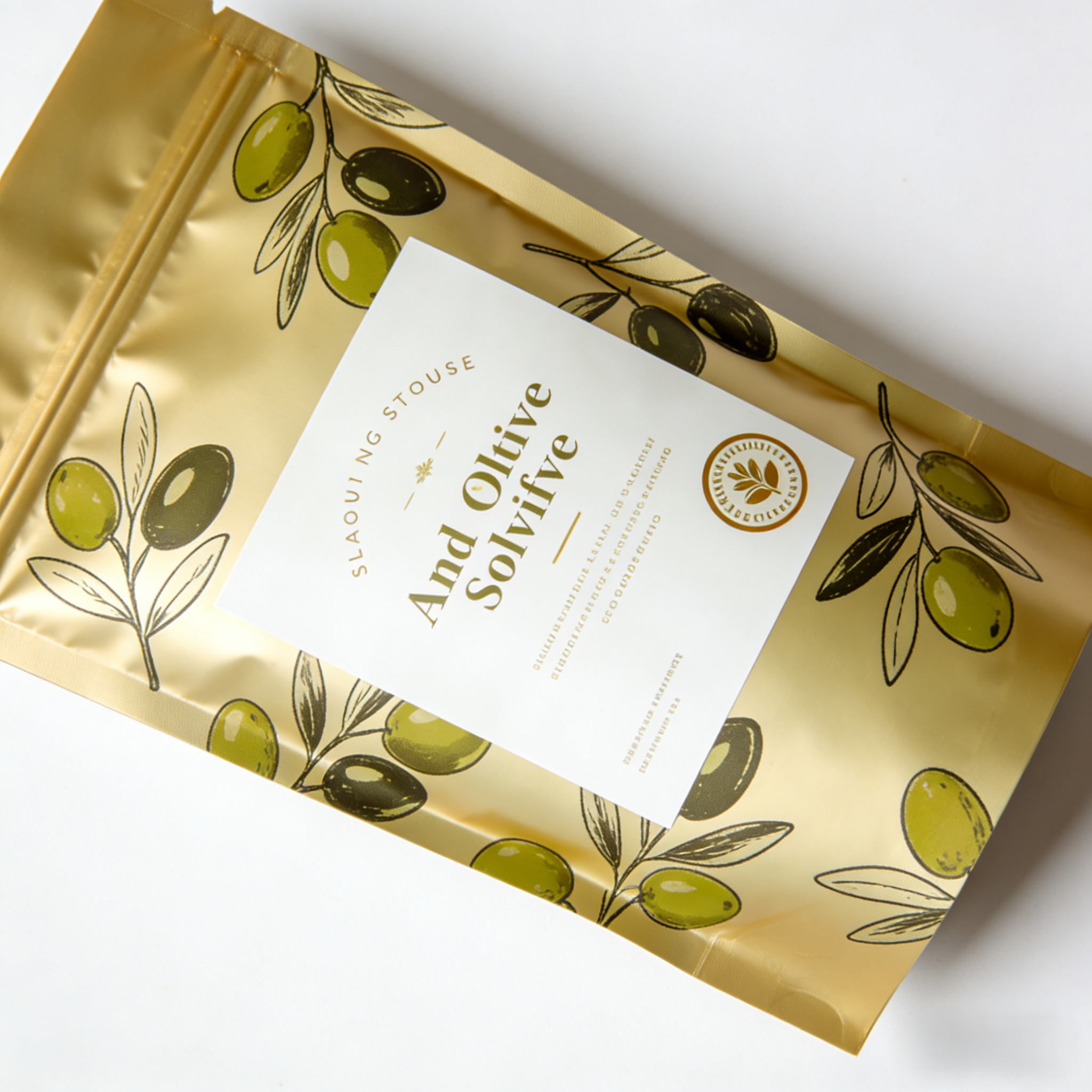 Resealable Stand up Pouch Olive-Print Noodle Food-Grade BPA-Free Shock Resistance ISO9001 Certified Custom Branding MOQ 100pcs