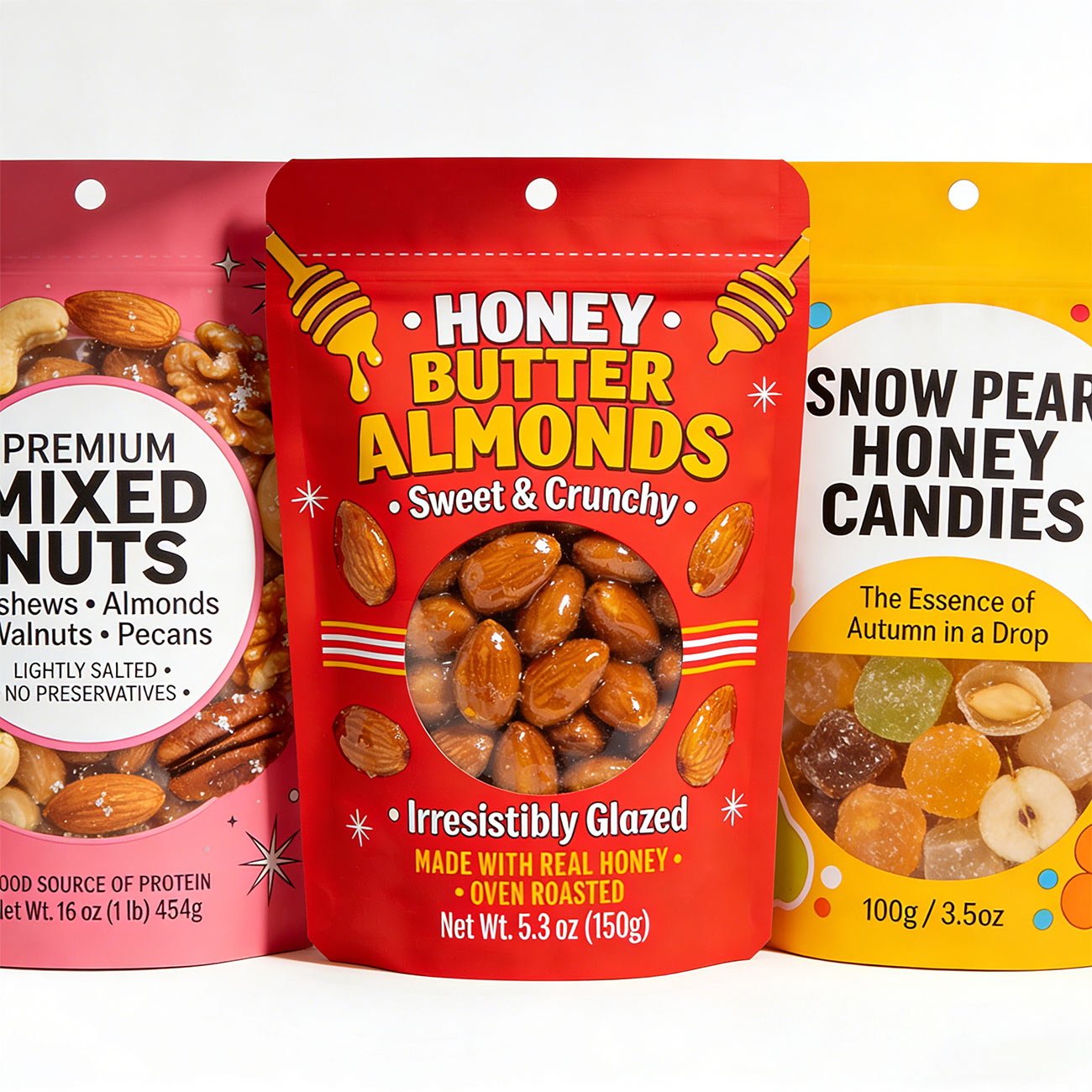 Stand up Pouches Food Packaging Printed Zipper Packaging Bags Sweets Snacks Candy Ziplock Bags Top Brand PT