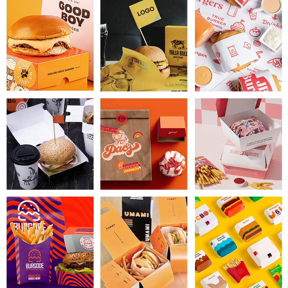 Takeaway Paper Tacos French Fries Custom Clamshell Fast Food Packaging Hamburger Kraft Burger Boxes