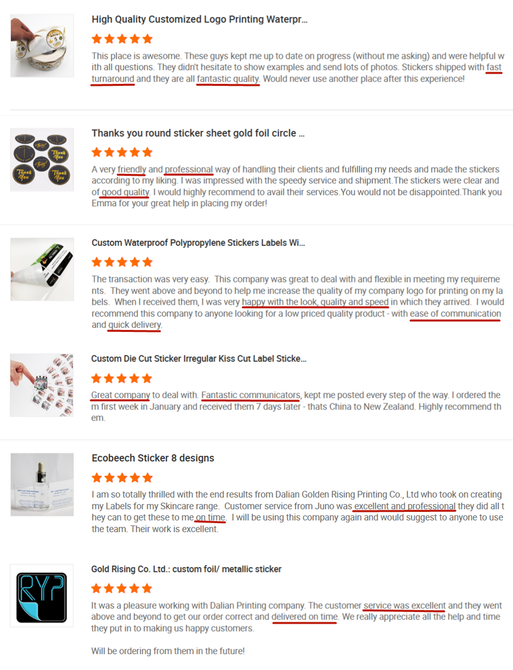 Customer rating and feedback screenshot