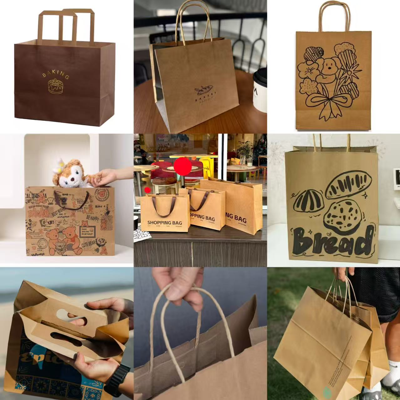 Natural Brown Kraft Paper Bakery Packaging Bags Grease Resistant Recyclable Custom Printed for Bread Cookie Snack Packing