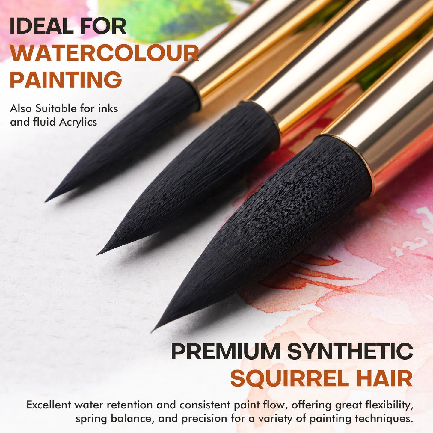 Golden Maple 10PCS Paint Brush Soft Synthetic Squirrel Hair Flat Round Pointed Bristle