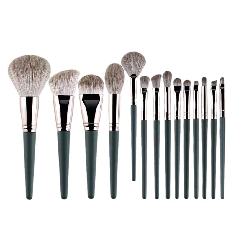 Beautichen 14PCS Green Makeup Brushes Set Soft with Cosmetic Bag - Beginner Loose Powder Foundation Blush Cosmetic Tools OEM