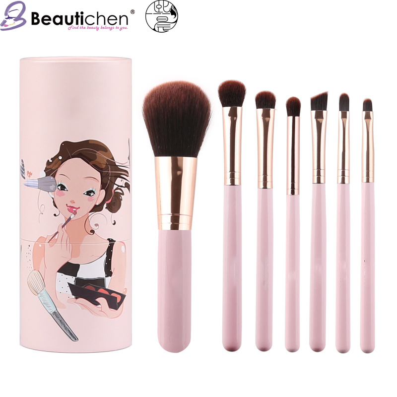 Beautichen 7-Piece Pink Makeup Brush Set with Wooden Handle &amp; Brush Holder