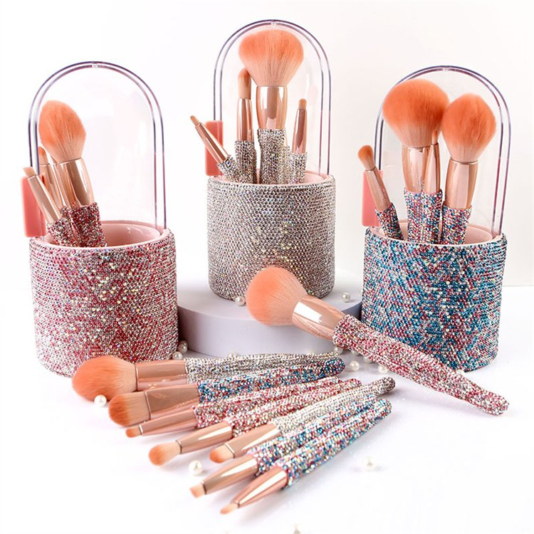 8PCS Make up Brushes Glitter Custom Luxury Bling Rhinestone Makeup Brushes Set Private Label with Holder