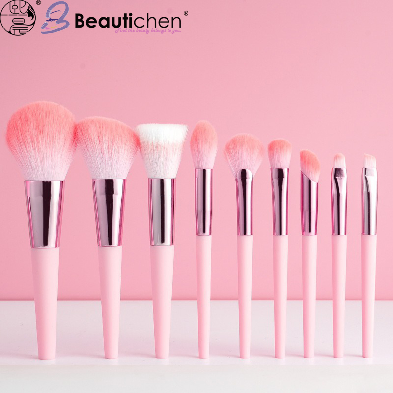 Beautichen 9PCS Pink Makeup Brush Set – Soft Synthetic Bristles for Foundation, Powder, Eyeshadow, Eyeliner, and Detailing – Rose Gold Metal Ferrule